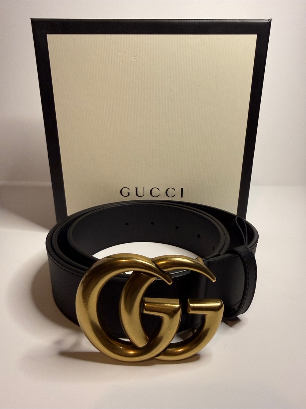 Gucci Black Leather Belt with Gold Double G Buckle